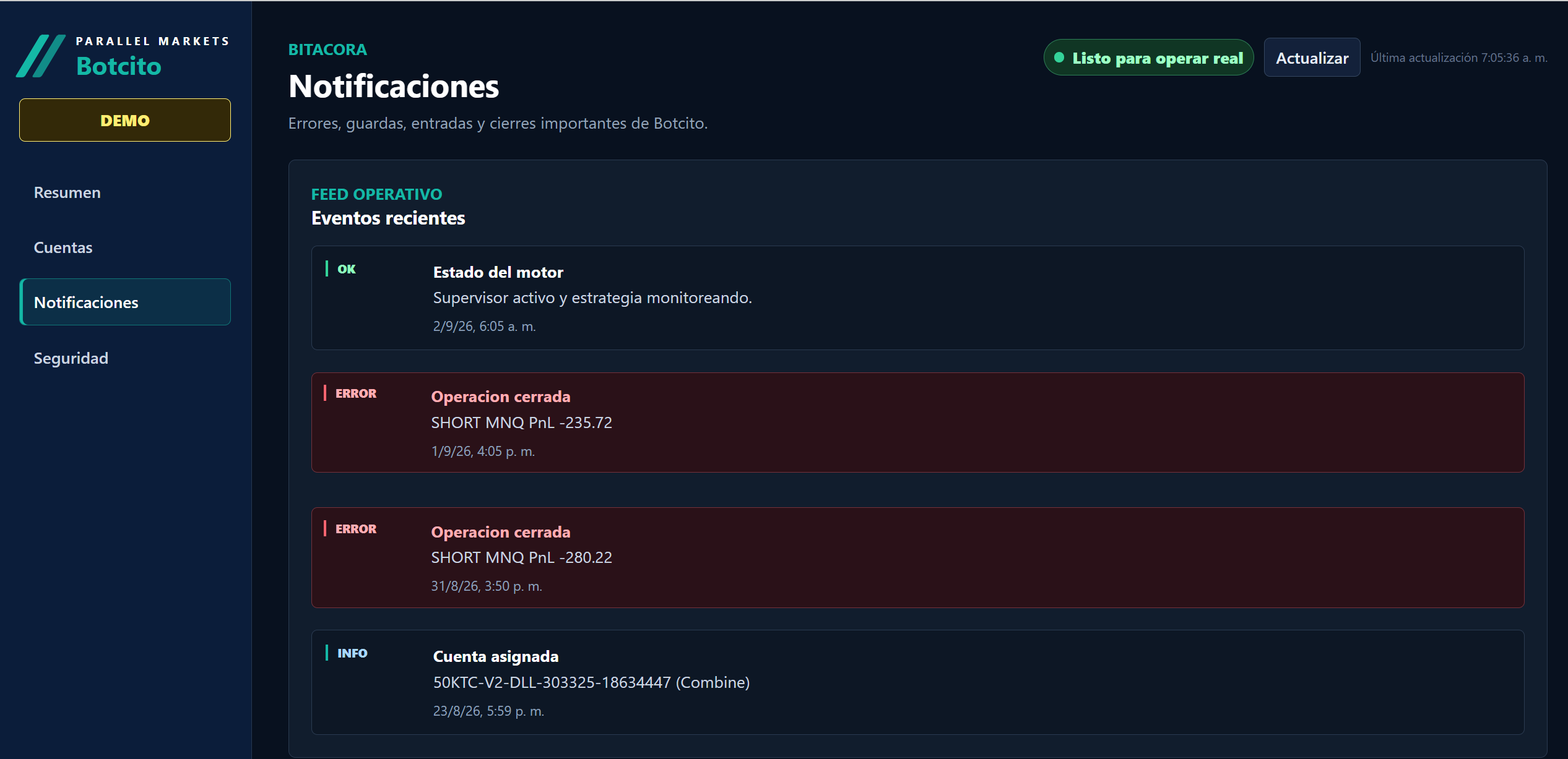Registro de notificaciones y actividad de Parallel Execute en entorno de demostración
